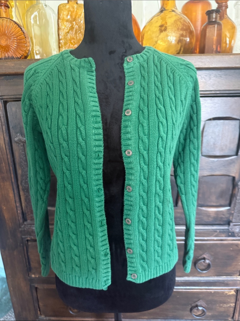 LL Bean Classic Cable-Knit Crewneck Cardigan - Green